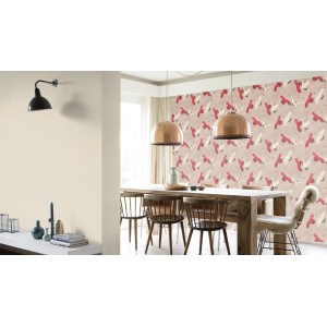 Beige Vliestapete mit Kranichmuster im Raum, Rasch Barbara Home Coll. III 560657, 10,05x0,53 m.