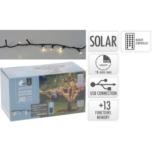 LED-Lichterkette mit Solarpanel, USB-Anschluss und Fernbedienung. 240 LEDs, warmweißes Licht, Timerfunktion.