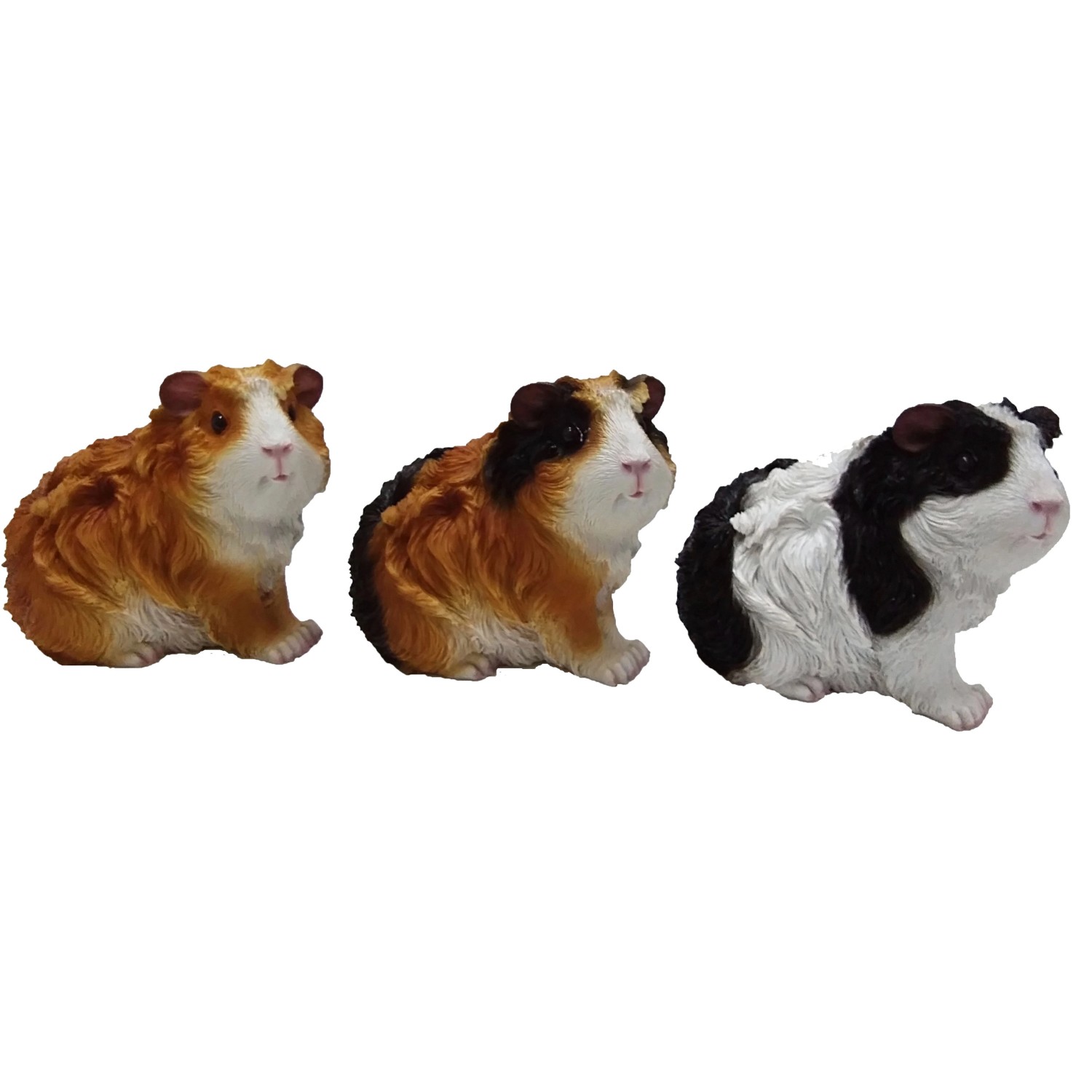 Drei Deko-Meerschweinchen (17 cm) aus Polyresin für die Gartendekoration.