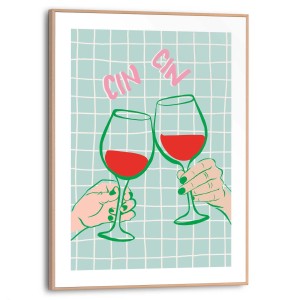 Gerahmtes Bild Cin Cin in Grün, 40x30 cm, für die Küche. Zwei anstossende Weingläser.