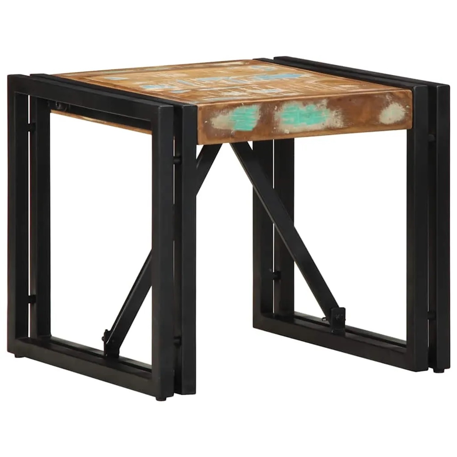 Quadratischer Couchtisch vidaXL aus Altholz mit schwarzem Metallgestell, mehrfarbig.