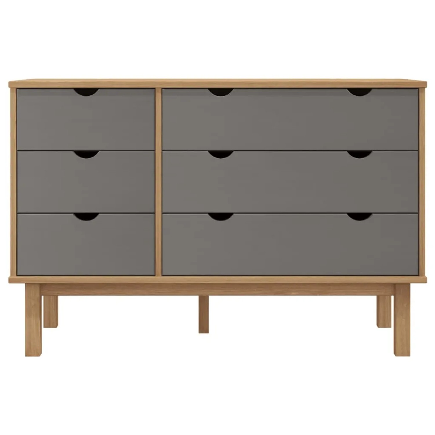 vidaXL Schubladenschrank OTTA, braun/grau, 113,5x39,5x73 cm, Massivholz Kommode mit 6 Schubladen.