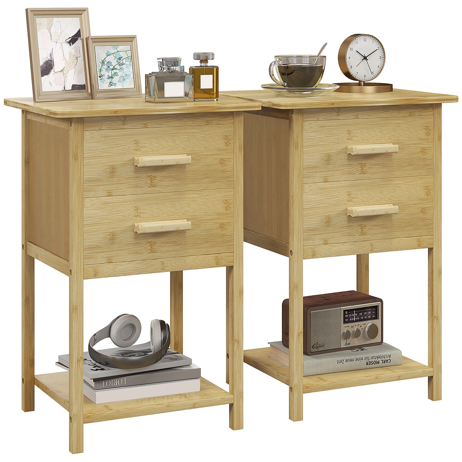 HOMCOM 2er-Set Nachttisch mit Schublade Griff Natur 40 x 34 x 60 cm günstig online kaufen