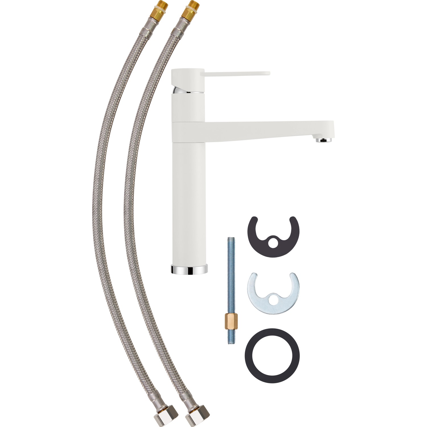 baliv Küchenarmatur KI-1211 Weiß mit Zubehör wie Schläuche und Befestigungsmaterial.