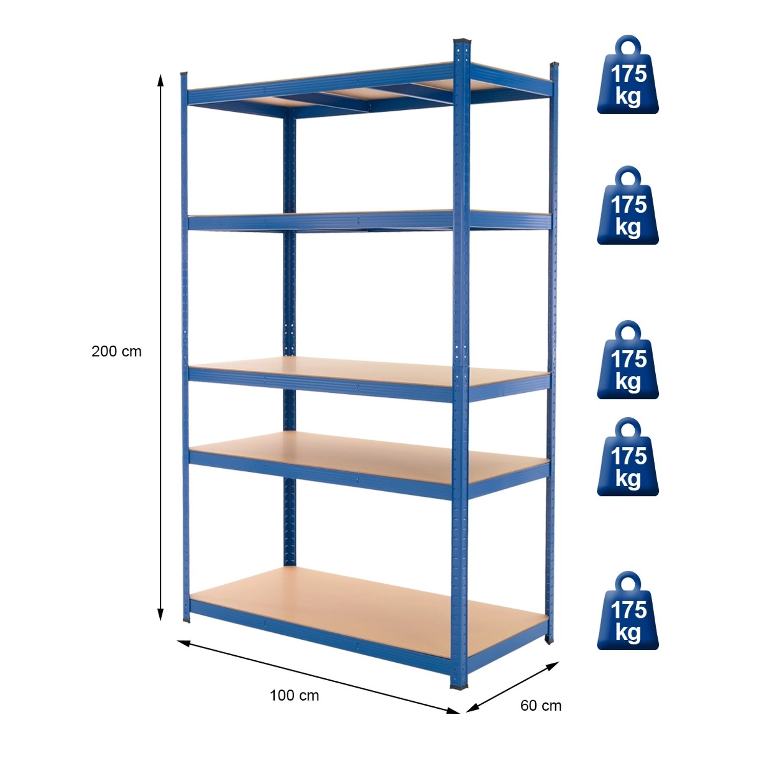 Blaues Werkstattregal (200x100x60 cm) mit 5 MDF-Böden. Schwerlastregal für Werkstatt und Garage.