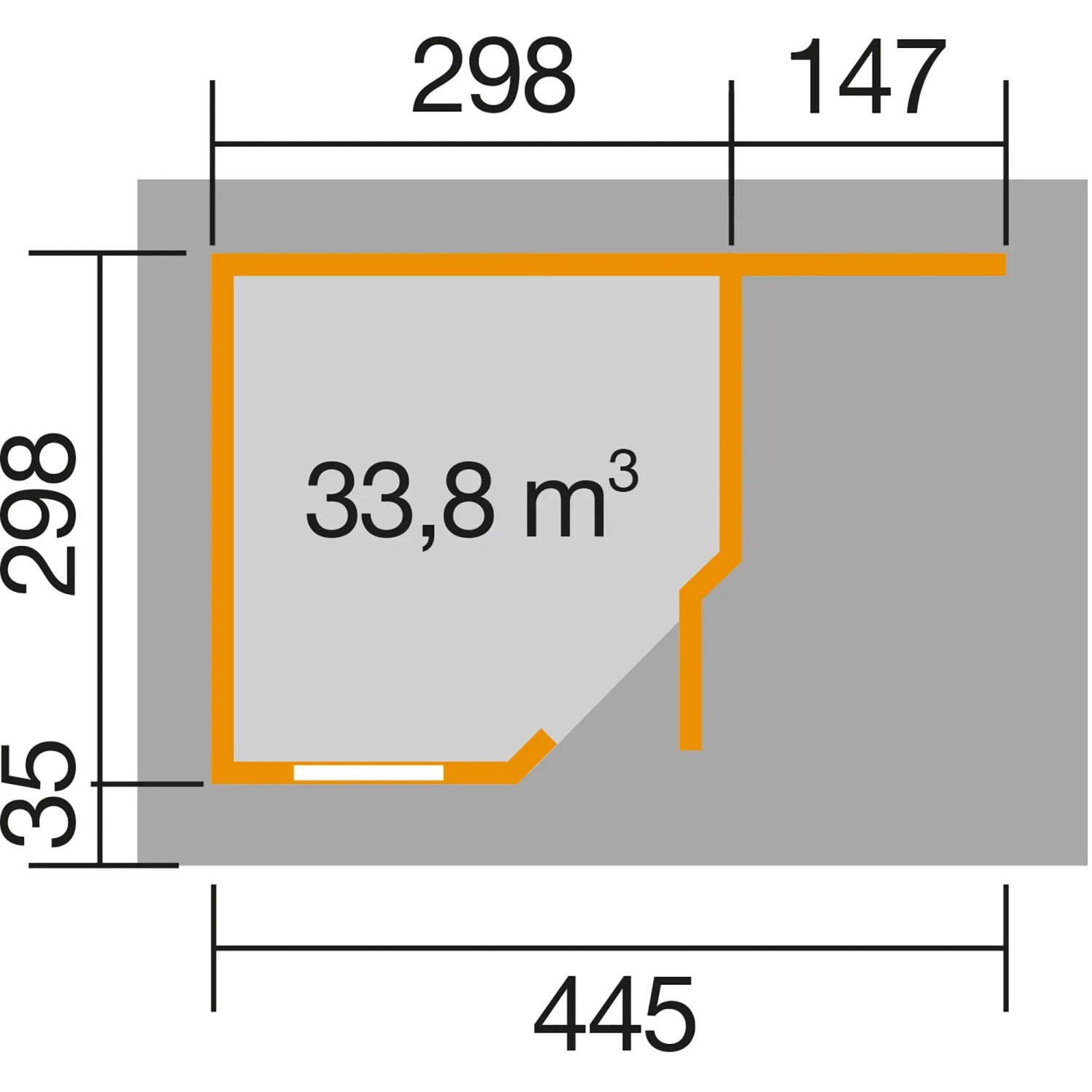 Grundriss Weka Holz-Gartenhaus Flachdach, 455x339 cm, mit Maßen und überdachter Fläche.