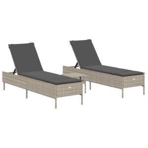 VidaXL Sonnenliegen-Set, 3-teilig, hellgraues Poly Rattan mit Auflagen. Ideal für Garten & Terrasse.