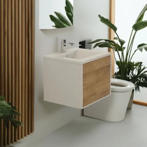 Jet-Line Waschtisch Linz 60 cm mit Holzoptik und SMC-Waschbecken im Badezimmer.