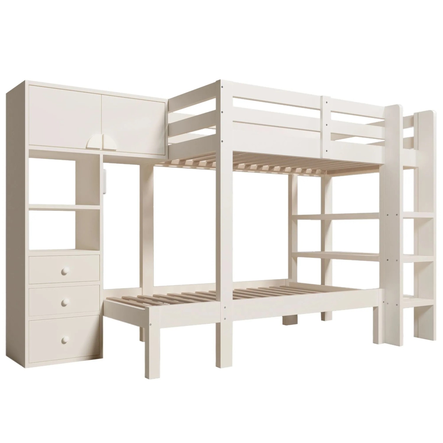 okwish Etagenbett 90x200cm mit Nachtlicht Schrank und Schubladen Weiß ohne Matratze