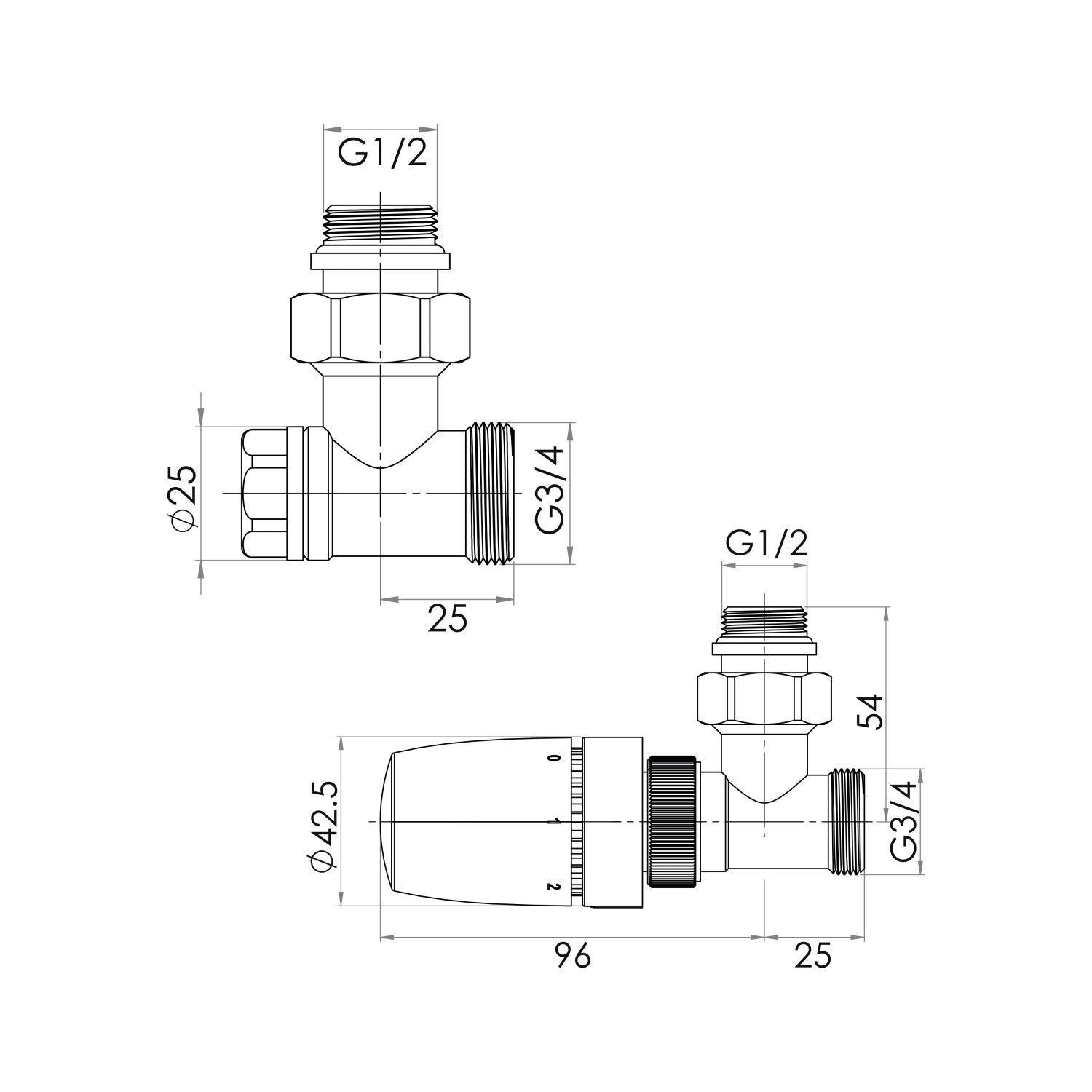 Schemazeichnung Schulte ExpressPlus Thermostat-Set Eck verchromt mit Maßen für Heizungsinstallation.
