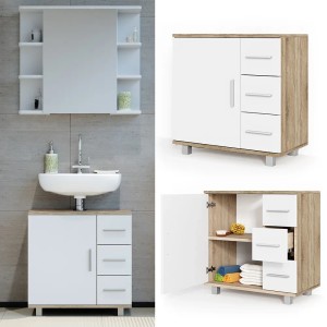 Vicco Waschbeckenunterschrank Ilias, Sonoma/Weiß, mit Tür und Schubladen. Badmöbel für mehr Stauraum im Bad.