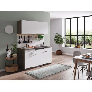 Respekta Küchenzeile KB150EYW, 150 cm, Weiß-Eiche York Nachbildung mit Spüle und Kühlschrank.