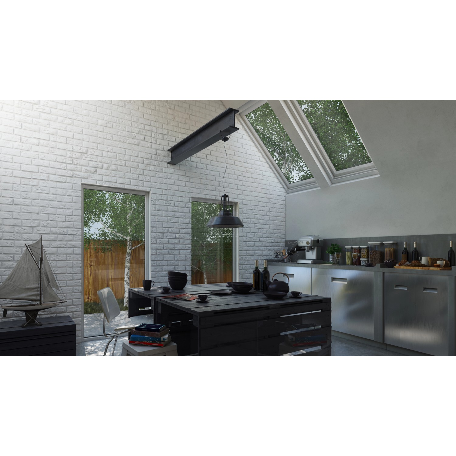 Helle Küche mit Stegu Verblender Parma Weiß in Backsteinoptik an der Wand.