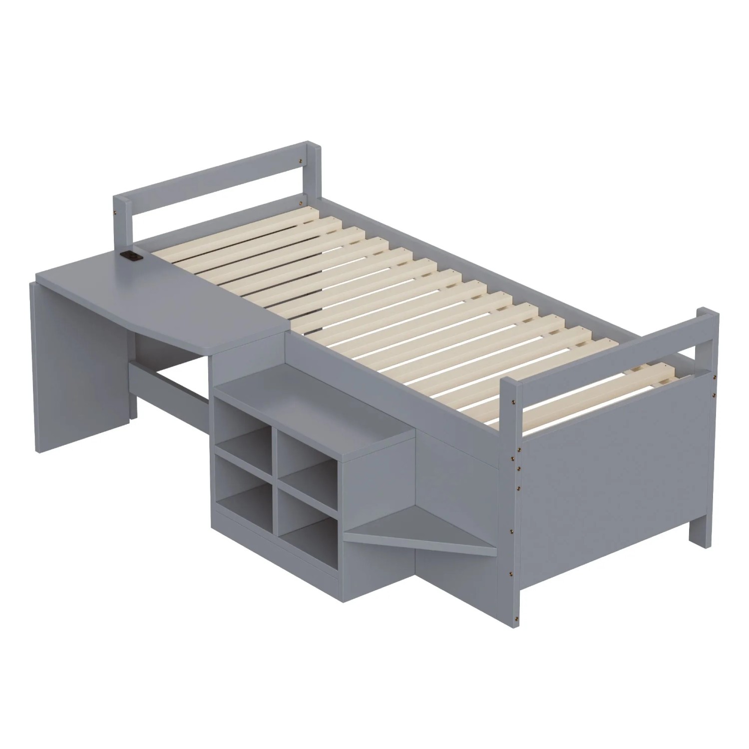 Merax Kinderbett 90x200cm Holz Schreibtisch Steckdose Grau