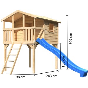 Karibu Stelzenhaus Benjamin naturbelassen mit blauer Rutsche und Holzleiter.