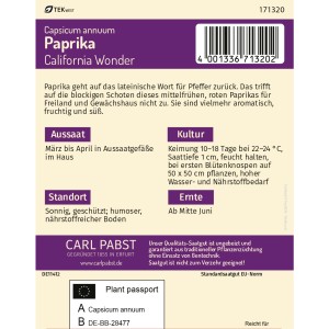 Pabst Keimkraft Paprika California Wonder Saatgut Packung für ca. 30 Pflanzen.
