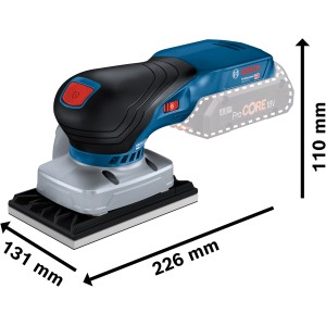 Bosch Professional Akku-Schwingschleifer GSS 18V-13 mit Maßen. Schleifmaschine in Blau/Schwarz/Grau.