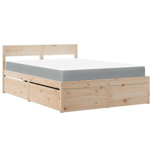 Bett mit Schubladen und Matratze, 120x200 cm, Kiefer massiv, mit vier Schubladen unter dem Bett.