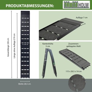 Schwarze, klappbare TRUTZHOLM Aluminium Auffahrrampe, 228cm lang, mit Riffelblech. Zeigt Maße und gefalteten Zustand.
