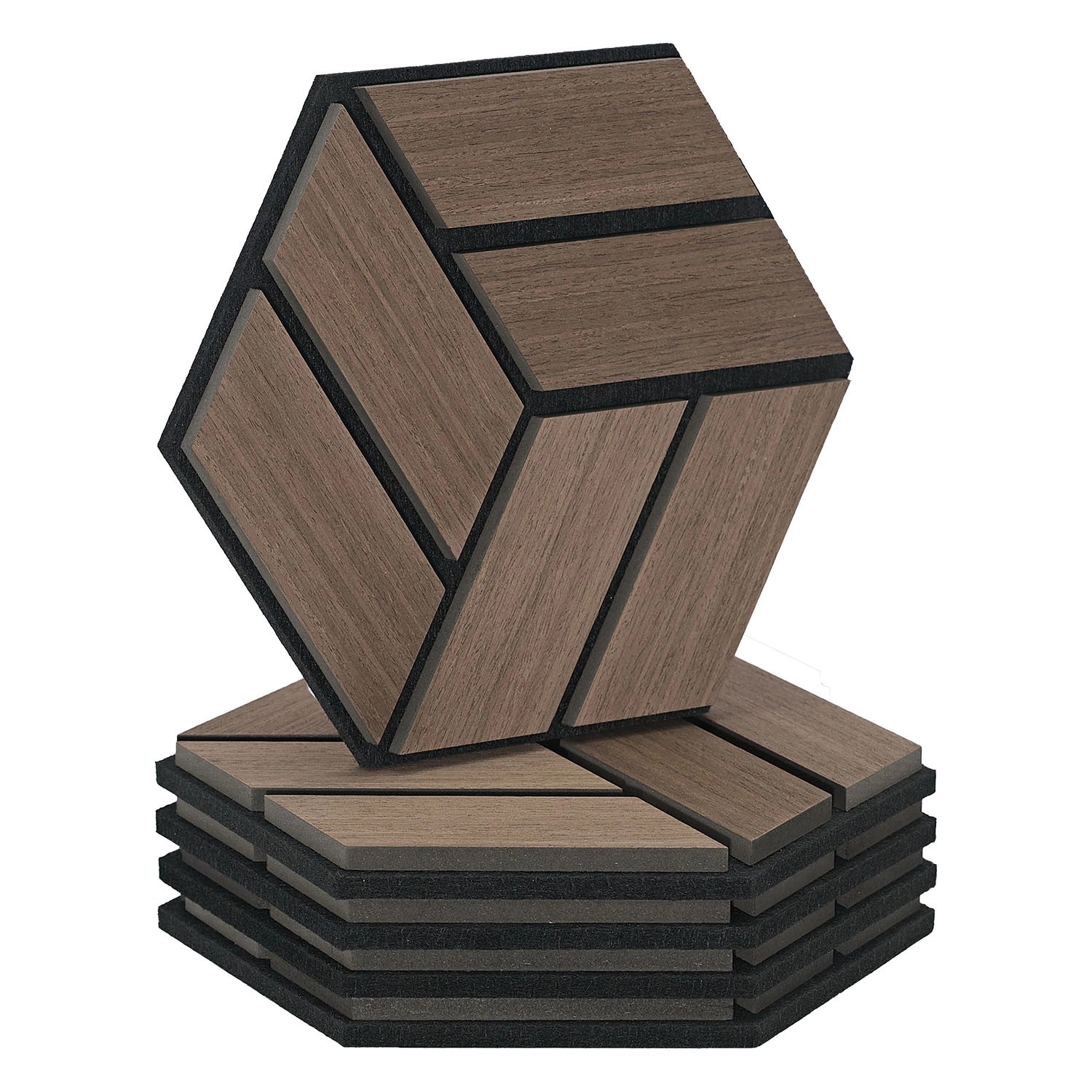 Homestyle4u Akustikpaneele Braun 30 x 26 cm 5 Stück Hexagon Wandpaneele Holz
