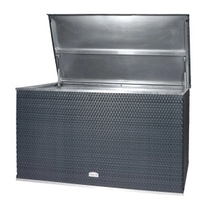 Geöffnete anthrazitfarbene Wilk Aufbewahrungsbox in Rattanoptik mit Gasdruckfedern.