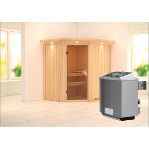 Karibu Sauna Tjorven mit Ofen und Glastür, Ecksauna aus Holz mit Saunaofen.