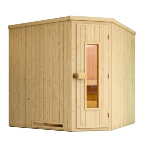 Weka Element-Ecksauna Varberg aus Fichtenholz mit Holztür und Glaseinsatz.