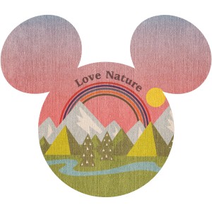 Komar Fototapete: Mickey Mouse Kopf mit Berglandschaft, Regenbogen und "Love Nature" Schriftzug.