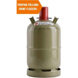 Propan Füllung 5 kg für Eigentumsflasche (ohne Flasche). Graue Gasflasche mit rotem Verschluss.