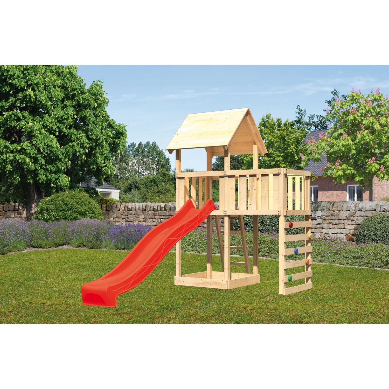 Karibu Spielturm Lotti mit Anbauplattform Kletterwand Rutsche Rot günstig online kaufen