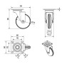 Technische Zeichnung der SOTECH Design Möbelrolle LINDAU Ø75 mm. Ansichten mit Maßen für Lenkrolle, 35 kg Belastbarkeit.