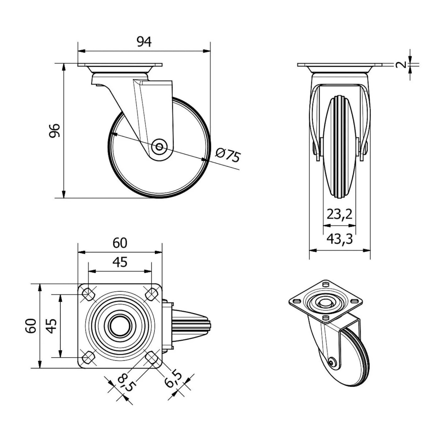 Technische Zeichnung der SOTECH Design Möbelrolle LINDAU Ø75 mm. Ansichten mit Maßen für Lenkrolle, 35 kg Belastbarkeit.