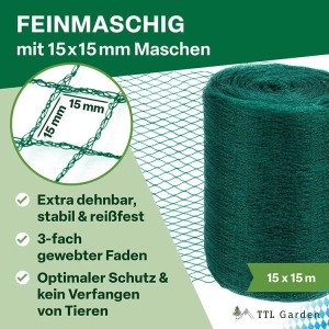 TTL GARDEN Vogelschutznetz 15 x 15 m 15 mm Maschenweite Gartennetz Reißfest UV Stabil Zuschneidbar Vogelabwehr Teichnetz Pflanzenschutznetz