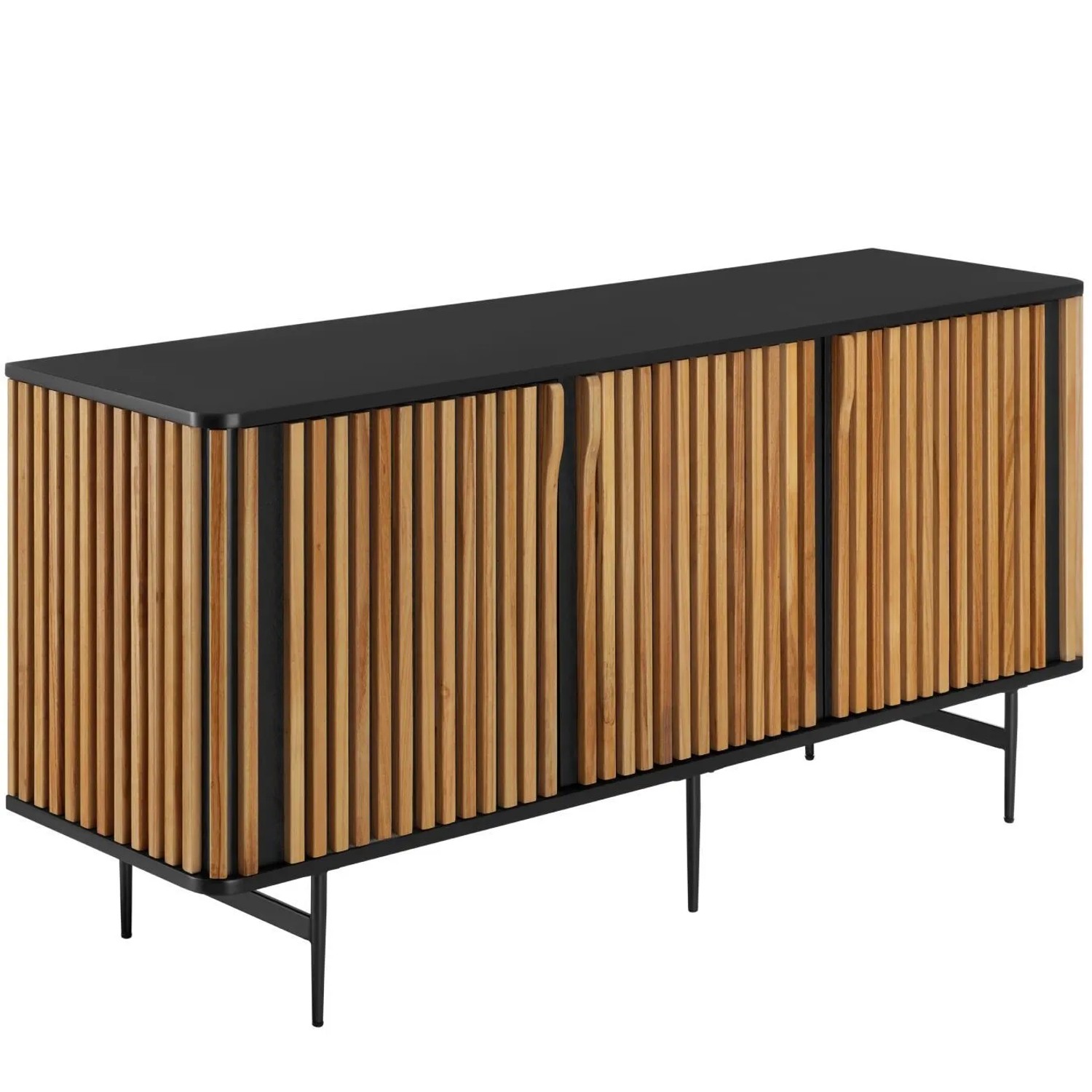 Tectake Sideboard Lineo Holzkorpus Mit Lamellendesign 3 Fächer Mit Magnettüren und Zwischenböden  45 50 x 156 x 74 cm Schwarz Braun