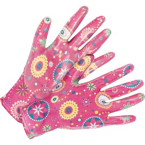 2er Set Gartenhandschuhe mit Nitril-Teilbeschichtung, weiß-pink mit Blumenmuster, Größe 8.