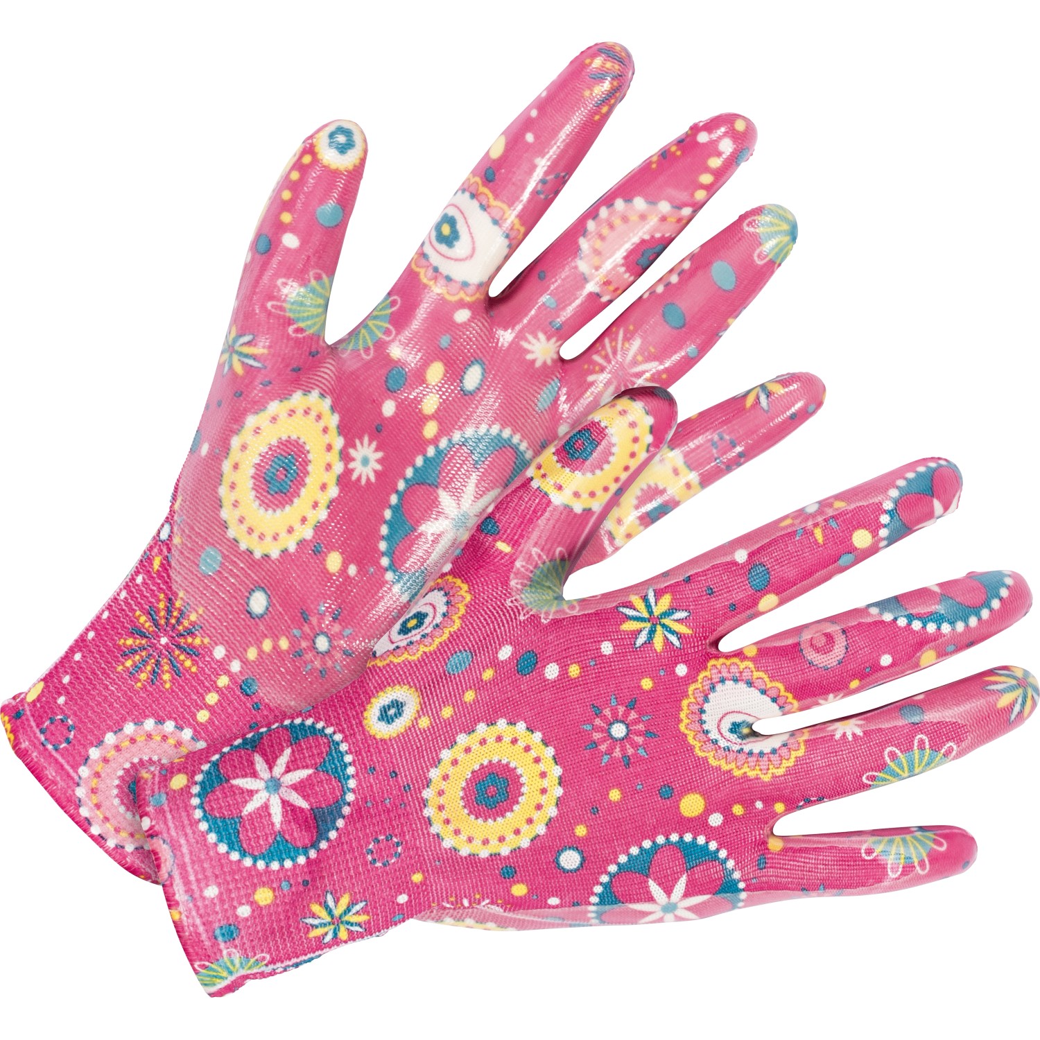 2er Set Gartenhandschuhe mit Nitril-Teilbeschichtung, weiß-pink mit Blumenmuster, Größe 8.