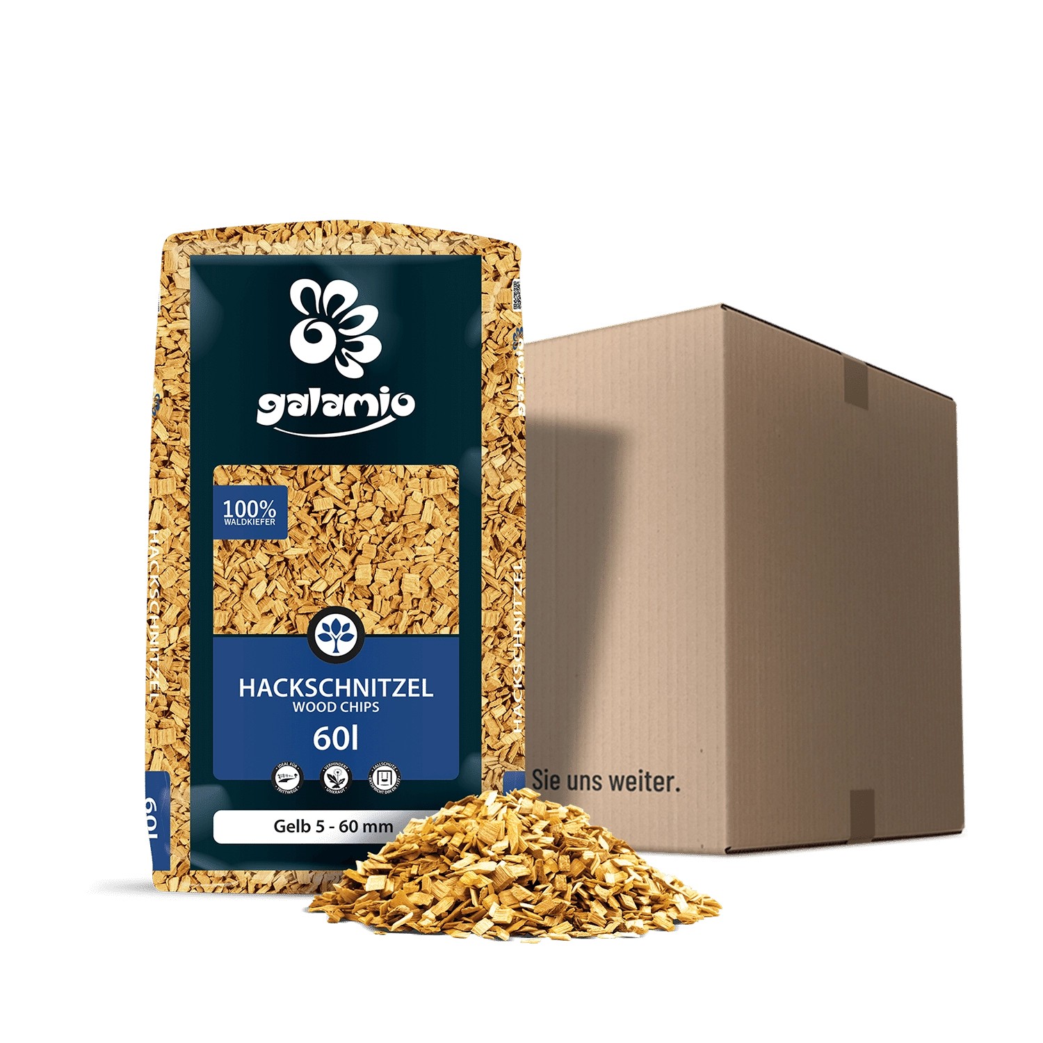 Galamio Holzhackschnitzel Gelb, 60l Sack und Karton im Hintergrund.