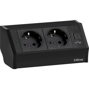Schwarzes Evoline V-Dock Steckdosenelement mit 2 Steckdosen, USB-A und USB-C für Ecken.