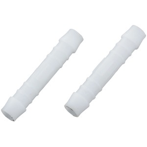 Zwei weiße Schlauchverbinder aus Kunststoff, 10 mm, für Schlauchreparaturen.