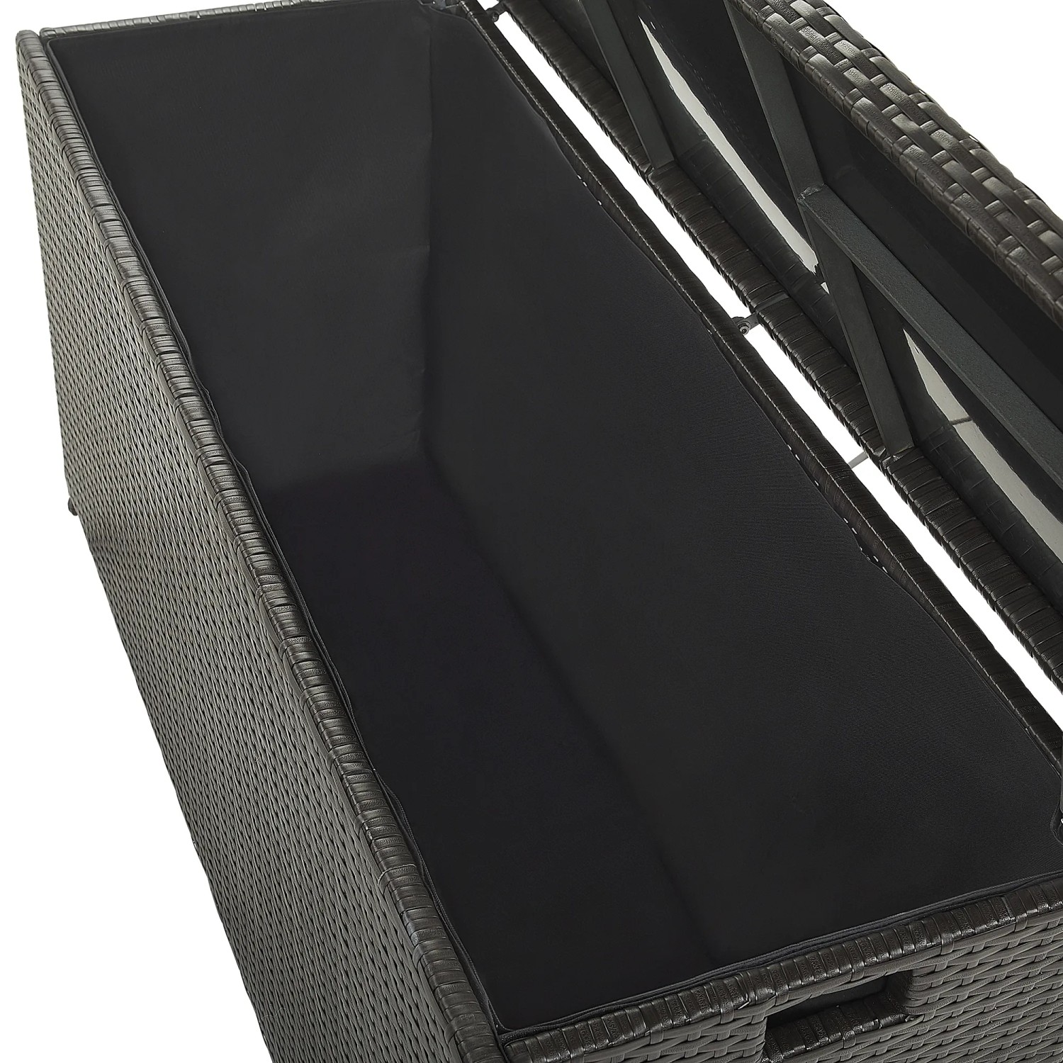 Offene, dunkelbraune Auflagenbox Modena aus Polyrattan, 46x126x63 cm.