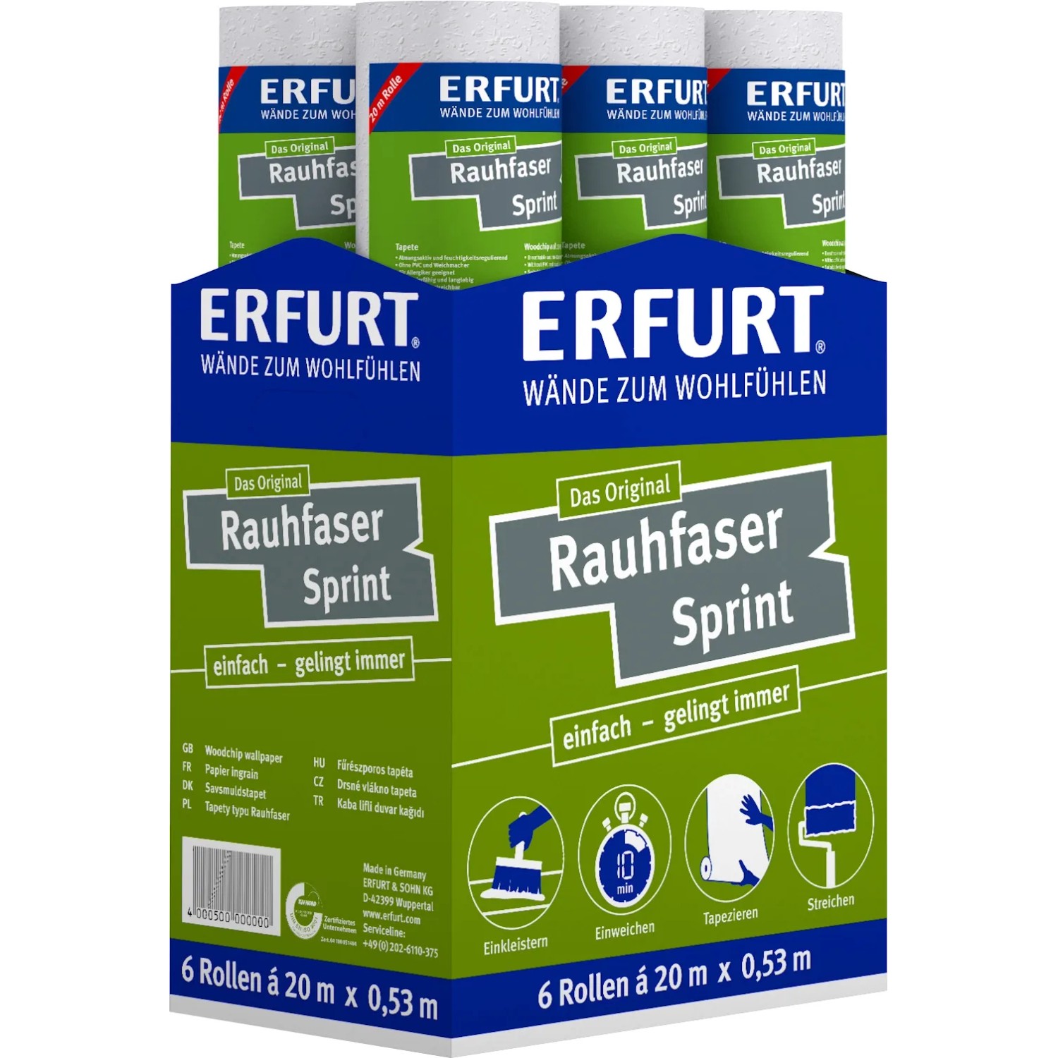 Packung Erfurt Rauhfaser Sprint, überstreichbare Tapete mit feiner Struktur, 6 Rollen.