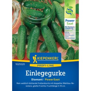 Kiepenkerl Gurke Diamant: Einlegegurken und Gurkensamen im Glas auf der Saatgutpackung.