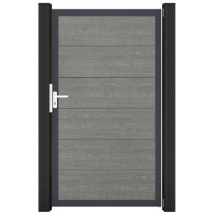 GroJa Steckzaun Tor BasicLine Universal in Grau mit Holzoptik und Aluminiumrahmen.
