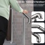 Gebürstetes Edelstahl-Eingangsgeländer mit Handlauf, von Person an Treppe genutzt. Glatte, verschweißte Enden, für Innen & Außen.