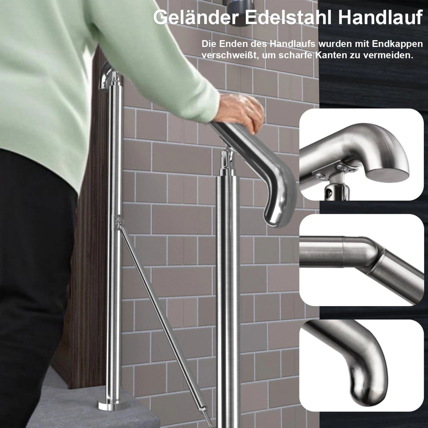 Gebürstetes Edelstahl-Eingangsgeländer mit Handlauf, von Person an Treppe genutzt. Glatte, verschweißte Enden, für Innen & Außen.