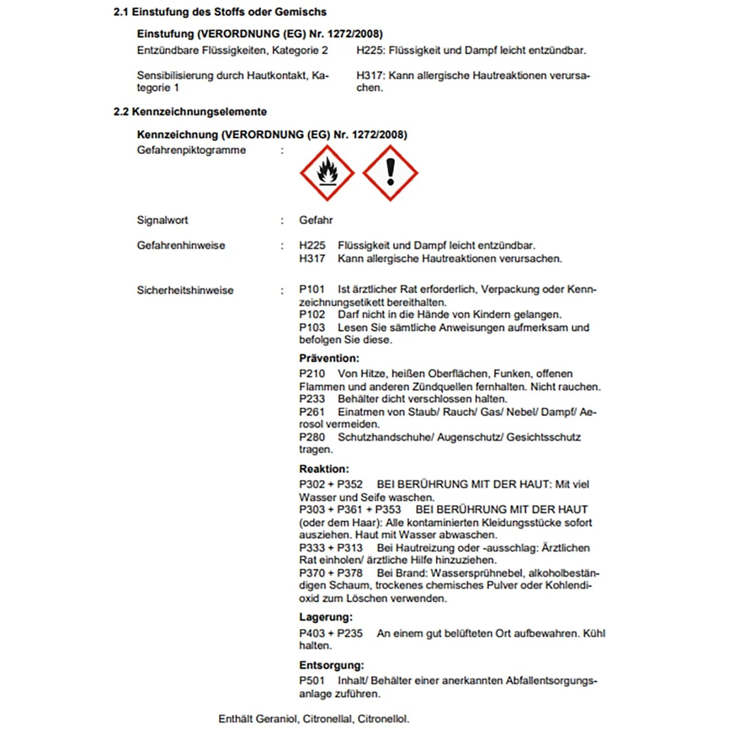 Sicherheitshinweise: Gefahrensymbole und Warnhinweise zu Inhaltsstoffen.