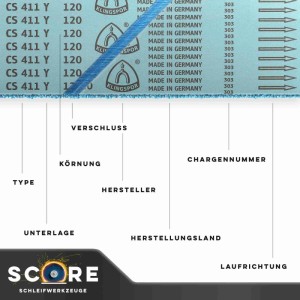 Klingspor Gewebe Schleifband CS411Y, blau, mit Produktmerkmalen wie Körnung, Hersteller, Laufrichtung. Zubehör für Schleifer.