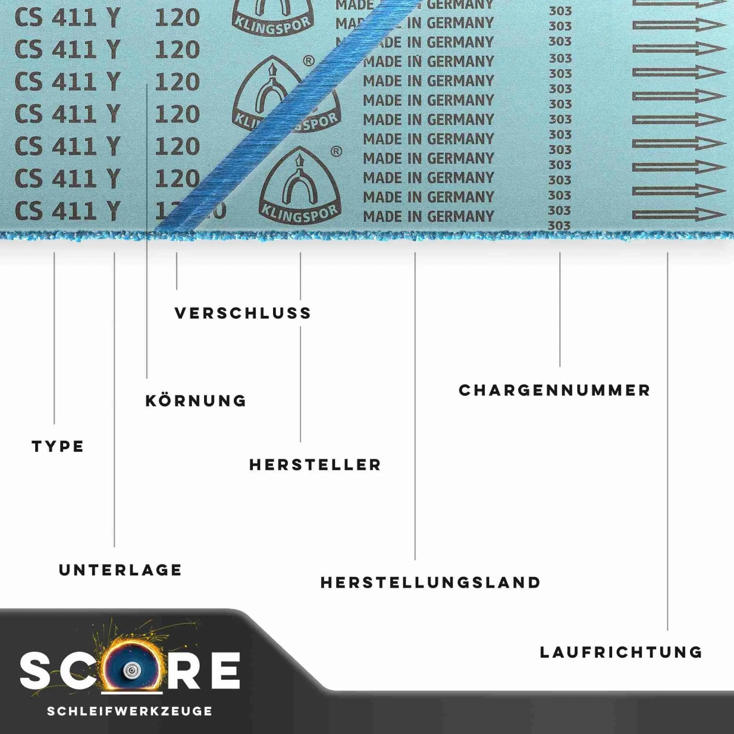 Klingspor Gewebe Schleifband CS411Y, blau, mit Produktmerkmalen wie Körnung, Hersteller, Laufrichtung. Zubehör für Schleifer.