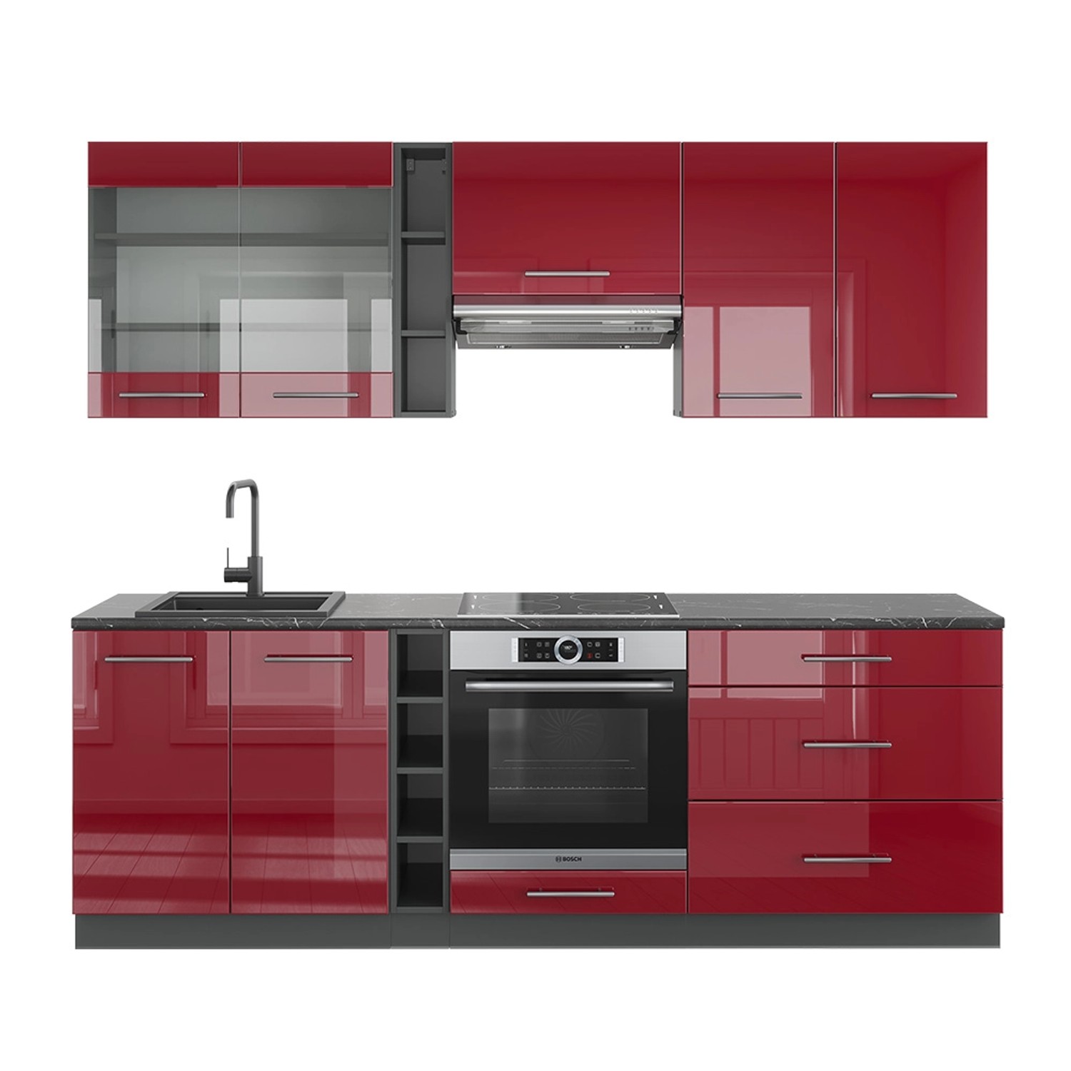 Vicco Fame-Line Küchenzeile Bordeaux Hochglanz/Anthrazit 235 cm AP Anthrazit ohne E-Geräte