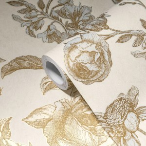 Bricoflor Vliestapete My Home My Spa 387003 mit floralem Muster in Beige und Gold.